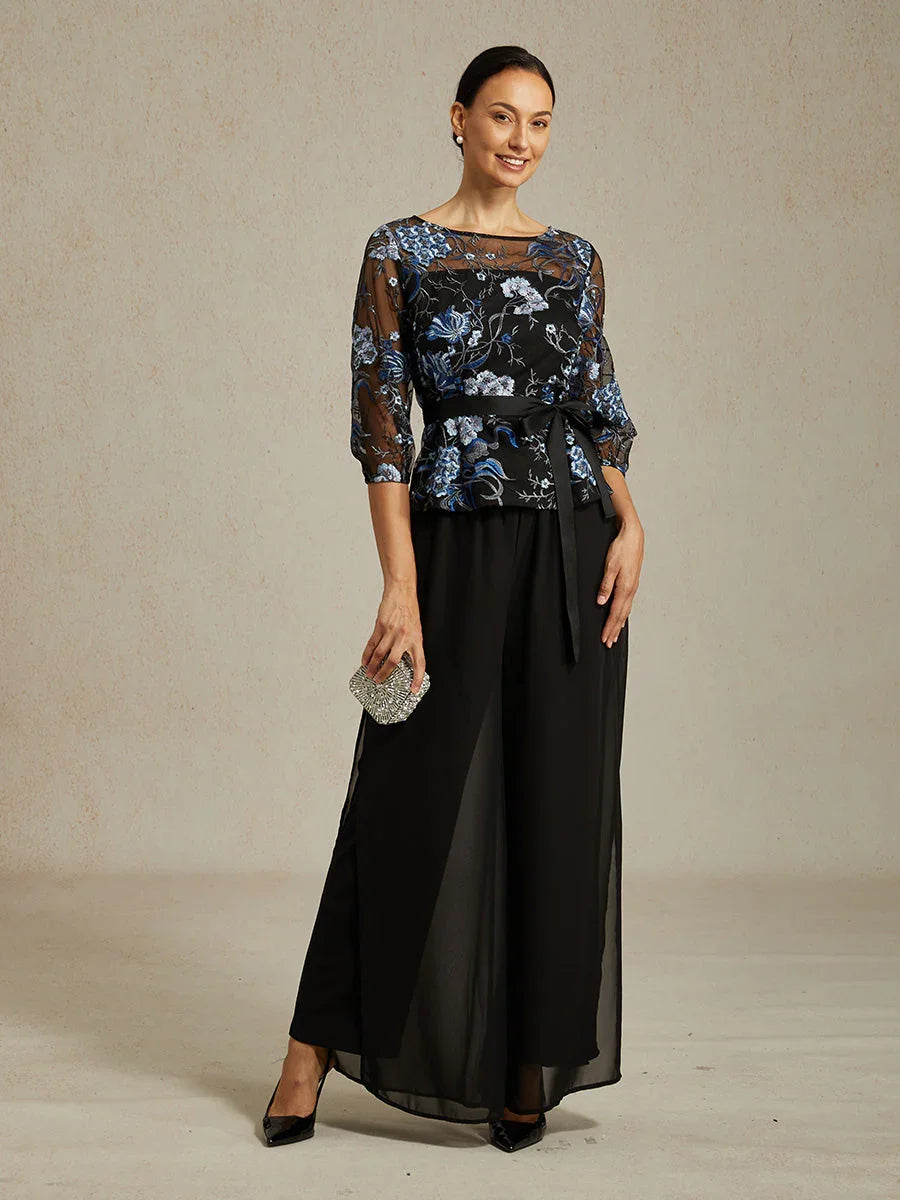 Floral Embroidered Blouse with 3/4 Bubble Sleeves & Illusion Neckline