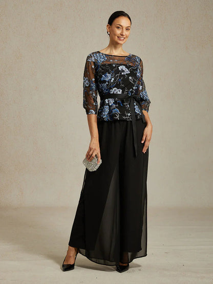 Floral Embroidered Blouse with 3/4 Bubble Sleeves & Illusion Neckline