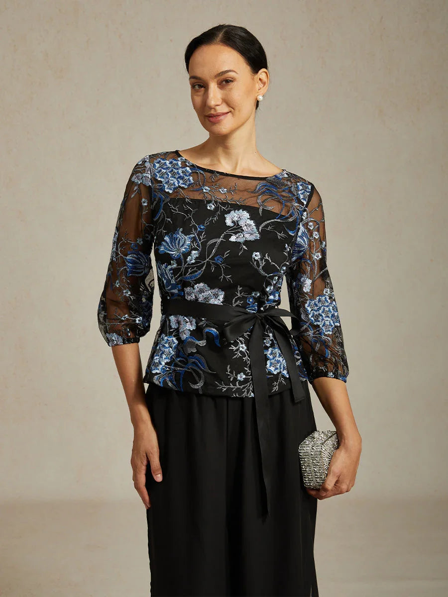 Floral Embroidered Blouse with 3/4 Bubble Sleeves & Illusion Neckline
