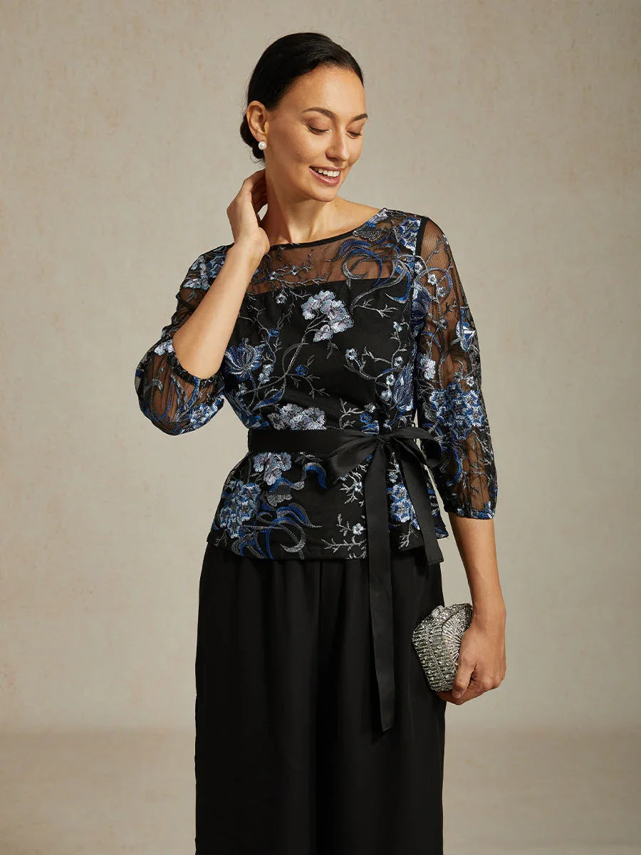 Floral Embroidered Blouse with 3/4 Bubble Sleeves & Illusion Neckline