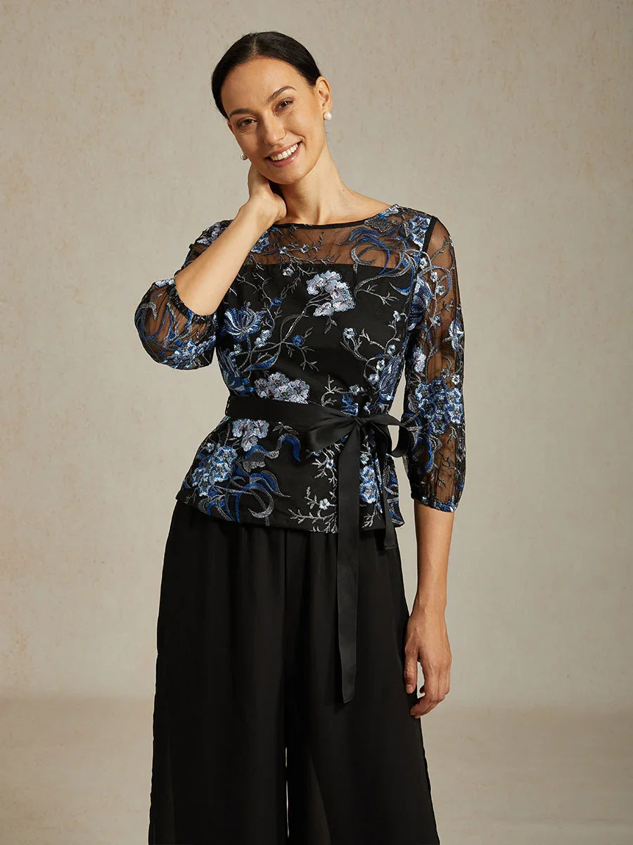 Floral Embroidered Blouse with 3/4 Bubble Sleeves & Illusion Neckline