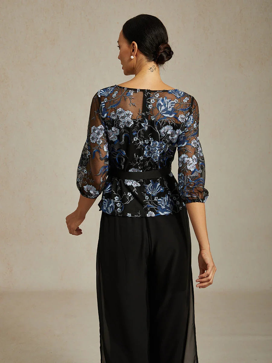 Floral Embroidered Blouse with 3/4 Bubble Sleeves & Illusion Neckline