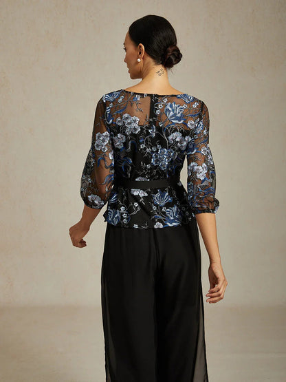 Floral Embroidered Blouse with 3/4 Bubble Sleeves & Illusion Neckline