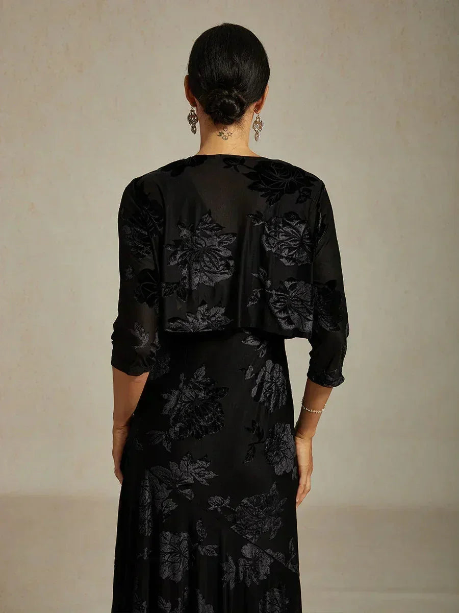 Floral Stretch Velvet 3/4 Sleeve Shrug