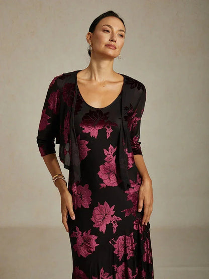 Floral Stretch Velvet 3/4 Sleeve Shrug