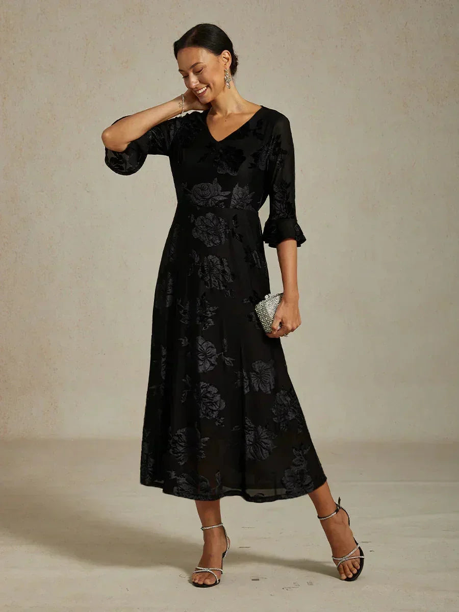 Floral Velvet A-Line Dress with Flutter Sleeves