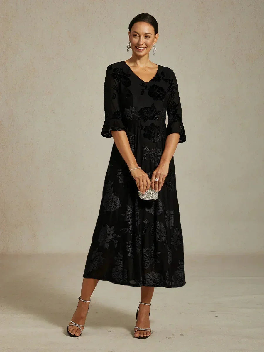 Floral Velvet A-Line Dress with Flutter Sleeves