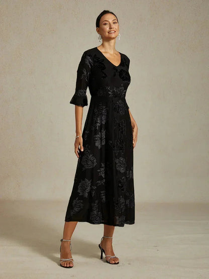 Floral Velvet A-Line Dress with Flutter Sleeves
