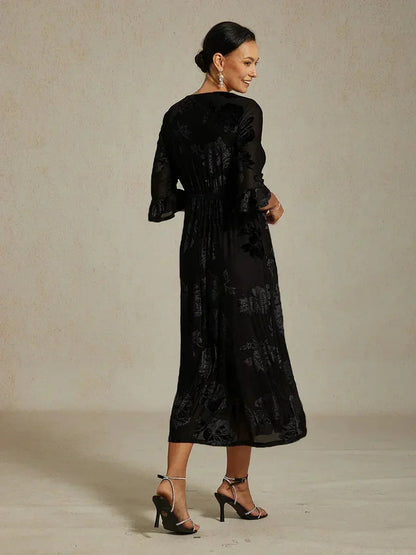 Floral Velvet A-Line Dress with Flutter Sleeves