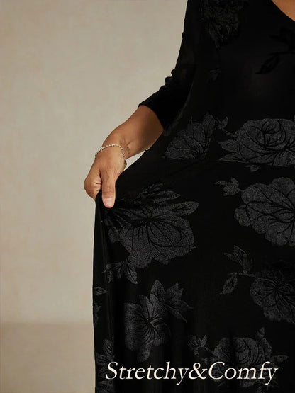 Floral Velvet A-Line Dress with Flutter Sleeves