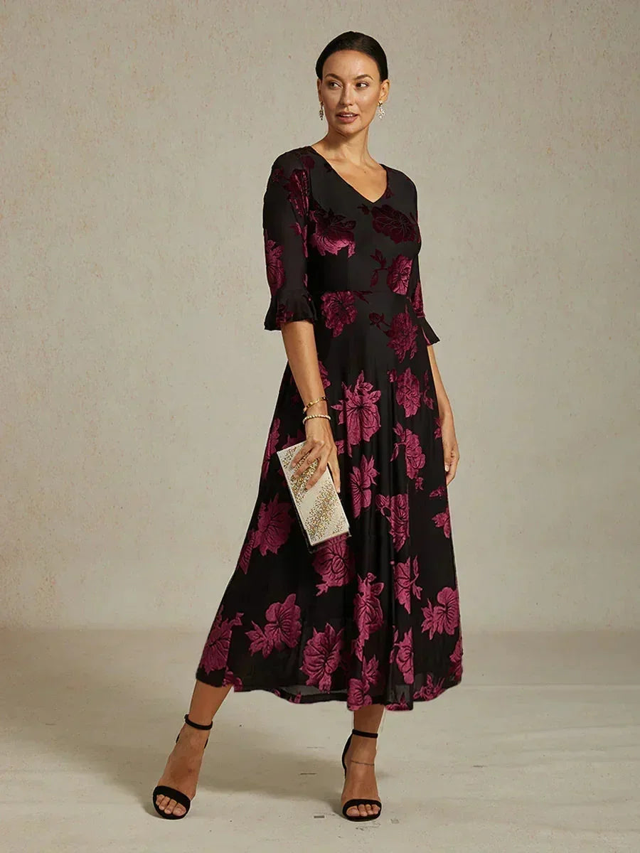 Floral Velvet A-Line Dress with Flutter Sleeves