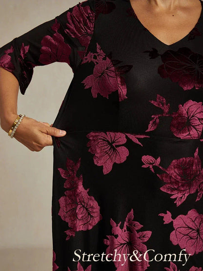 Floral Velvet A-Line Dress with Flutter Sleeves