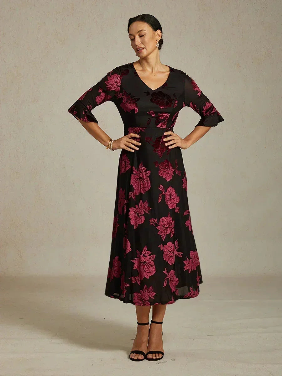 Floral Velvet A-Line Dress with Flutter Sleeves
