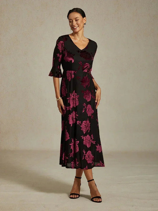 Floral Velvet A-Line Dress with Flutter Sleeves