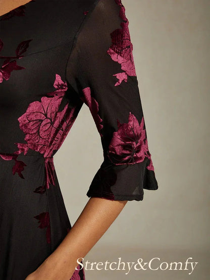 Floral Velvet A-Line Dress with Flutter Sleeves