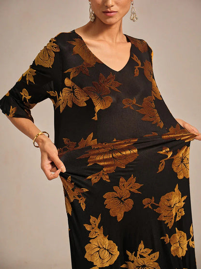 Floral Velvet A-Line Dress with Flutter Sleeves