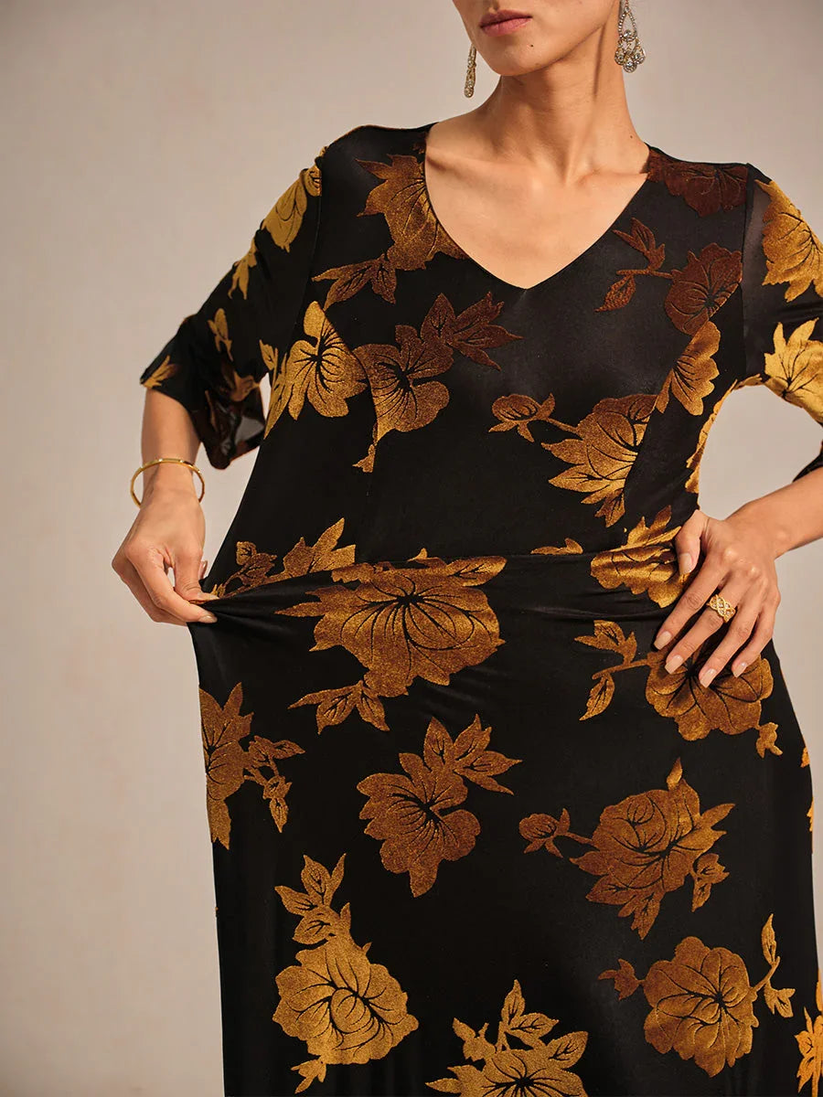 Floral Velvet A-Line Dress with Flutter Sleeves