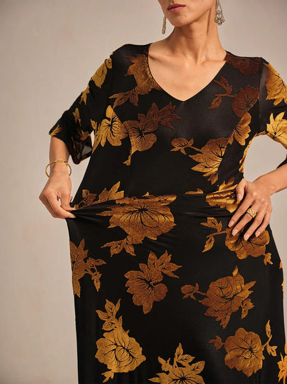 Floral Velvet A-Line Dress with Flutter Sleeves