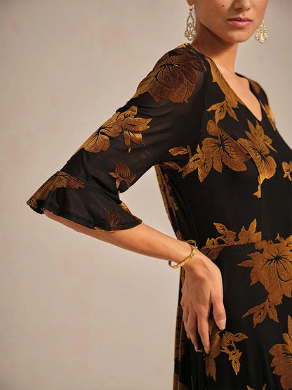 Floral Velvet A-Line Dress with Flutter Sleeves