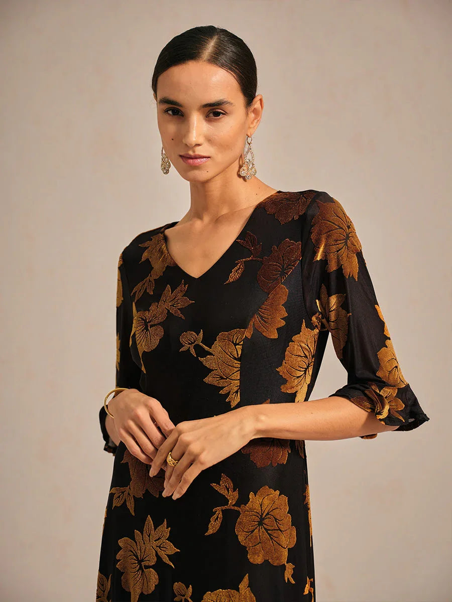Floral Velvet A-Line Dress with Flutter Sleeves