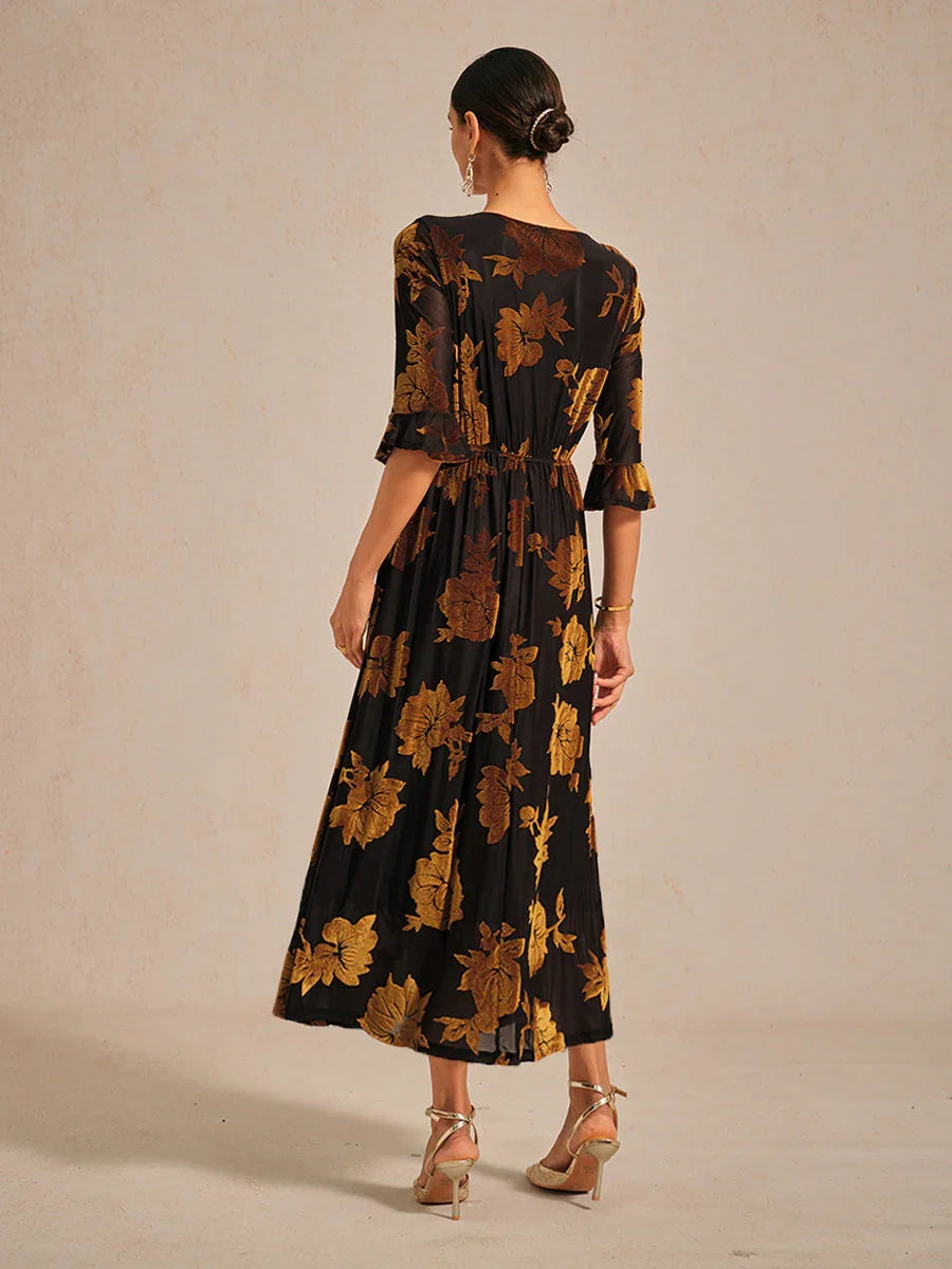 Floral Velvet A-Line Dress with Flutter Sleeves