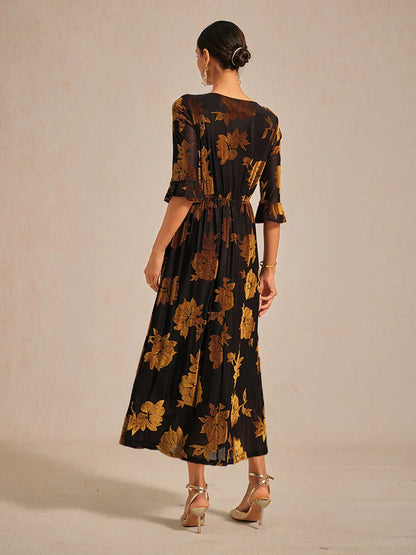 Floral Velvet A-Line Dress with Flutter Sleeves