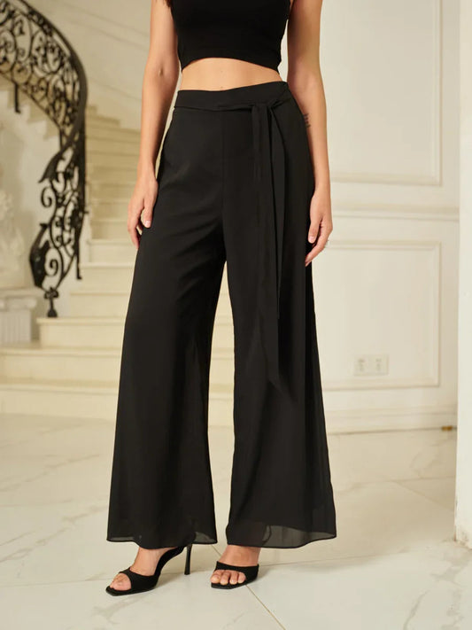 Flowy Wide Leg Mesh Pants with Belt