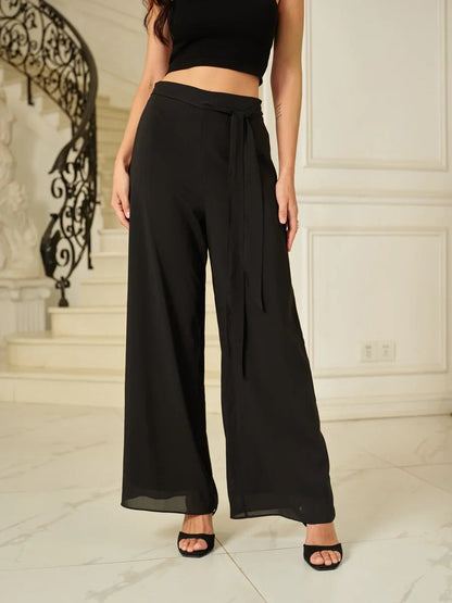 Flowy Wide Leg Mesh Pants with Belt