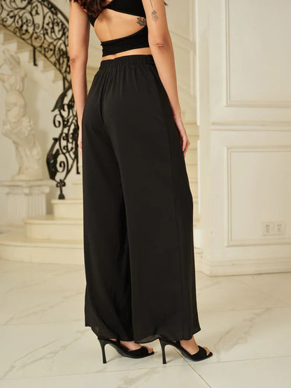 Flowy Wide Leg Mesh Pants with Belt