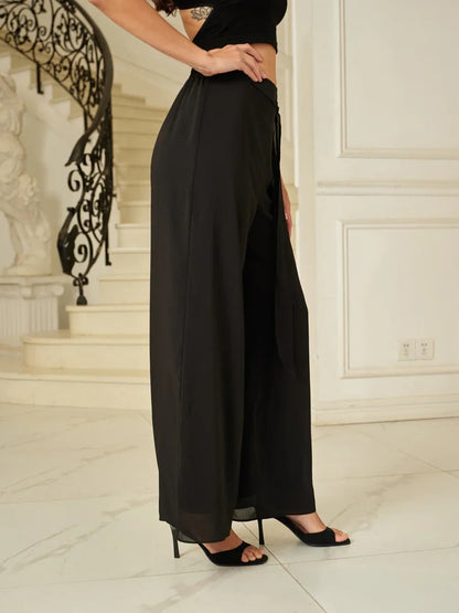 Flowy Wide Leg Mesh Pants with Belt