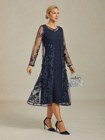 Graceful Long Lace Jacket Dress with 3D Floral Embellishments