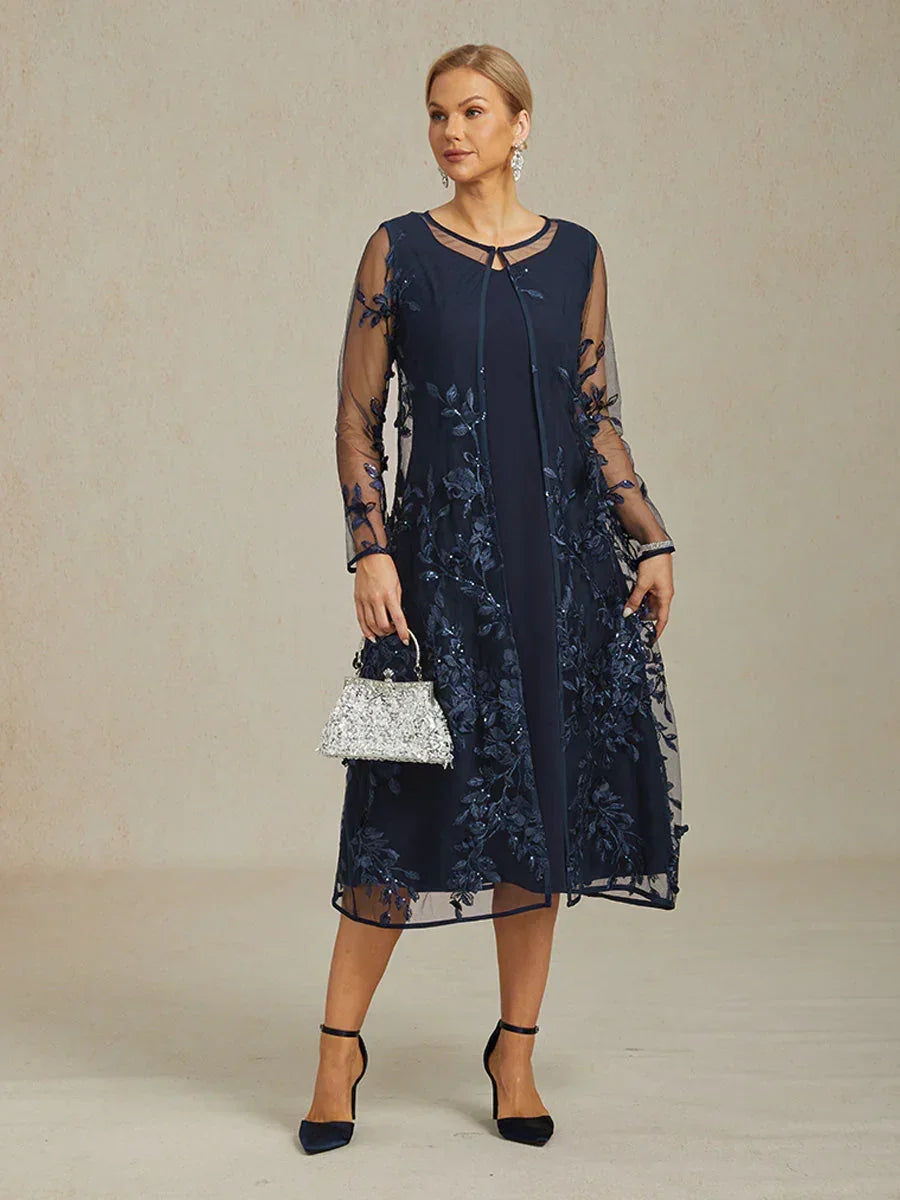 Graceful Long Lace Jacket Dress with 3D Floral Embellishments