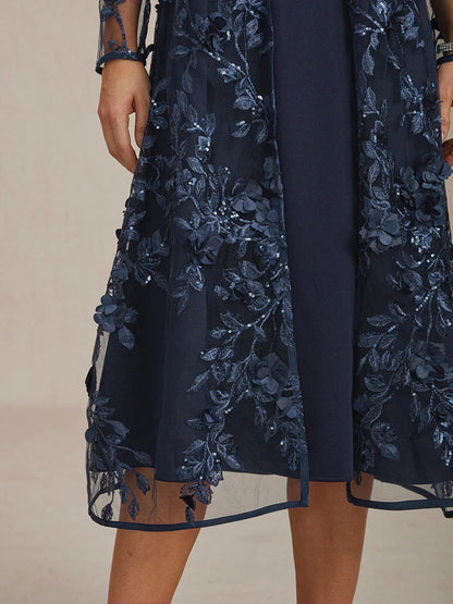 Graceful Long Lace Jacket Dress with 3D Floral Embellishments