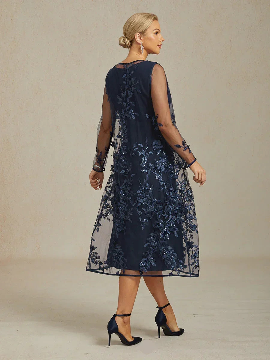 Graceful Long Lace Jacket Dress with 3D Floral Embellishments