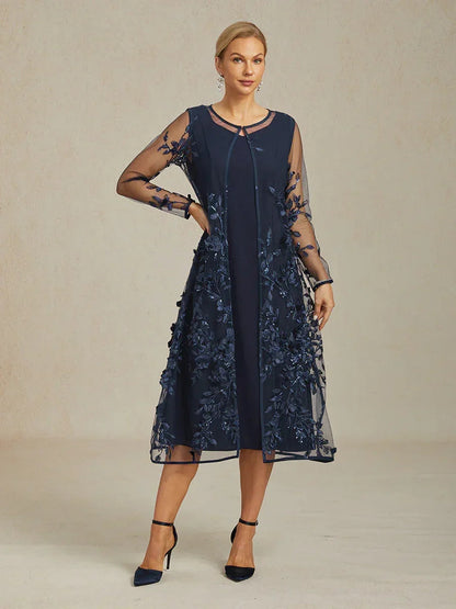 Graceful Long Lace Jacket Dress with 3D Floral Embellishments