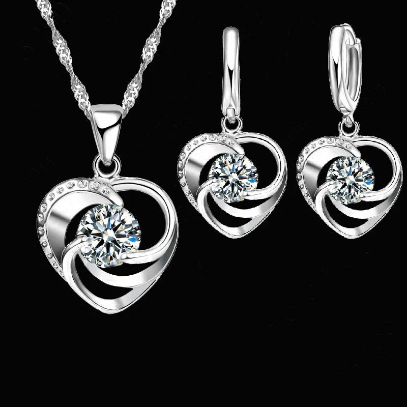 Sterling Silver Heart Necklace and Earrings - LEESTIA