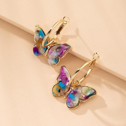 Gold Multicolor Butterfly Hoop Earrings - LEESTIA