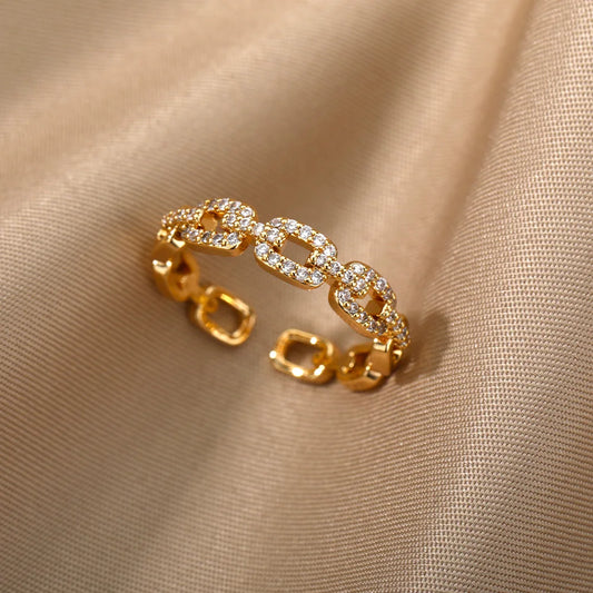 Gold Plated Chain Link Crystal Ring - LEESTIA