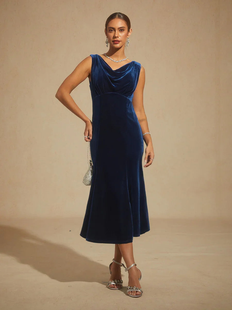 High-Stretch Velvet Sleeveless Midi Dress with Cowl Neck