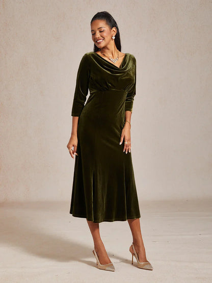 High-Stretch Velvet Sleeveless Midi Dress with Cowl Neck