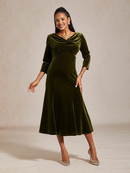 High-Stretch Velvet Sleeveless Midi Dress with Cowl Neck