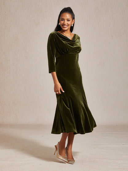 High-Stretch Velvet Sleeveless Midi Dress with Cowl Neck