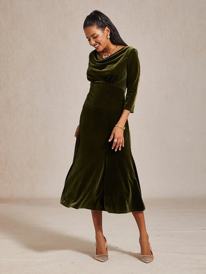 High-Stretch Velvet Sleeveless Midi Dress with Cowl Neck