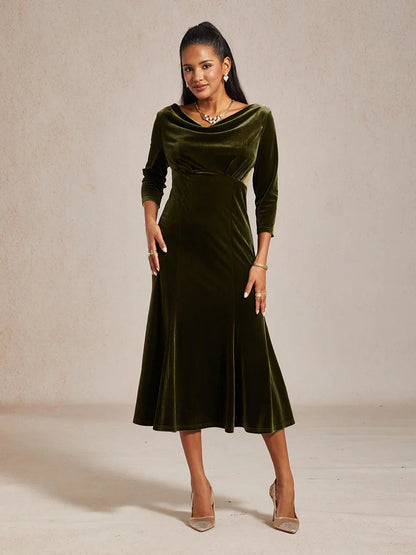 High-Stretch Velvet Sleeveless Midi Dress with Cowl Neck