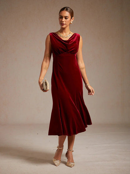High-Stretch Velvet Sleeveless Midi Dress with Cowl Neck