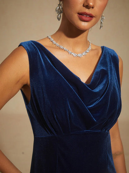 High-Stretch Velvet Sleeveless Midi Dress with Cowl Neck