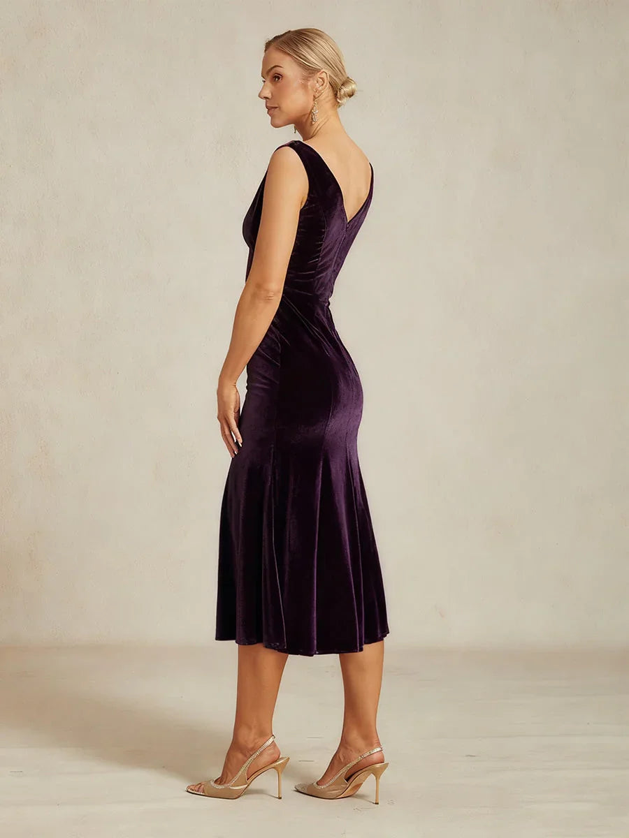 High-Stretch Velvet Sleeveless Midi Dress with Cowl Neck