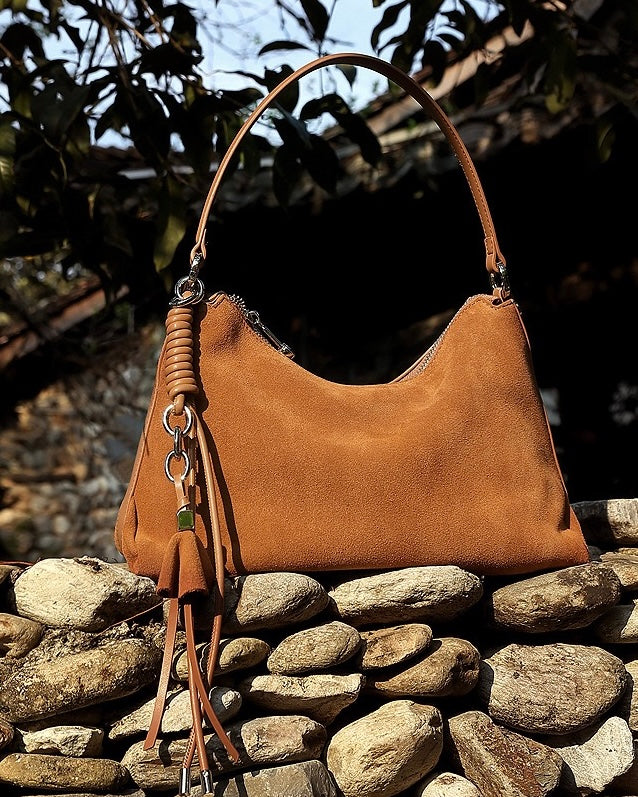 Suede Luxe Hobo Bag with Braided Detail & Tassel Accent