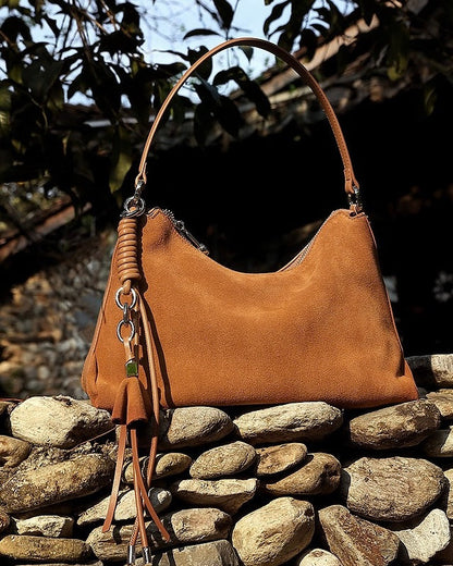 Suede Luxe Hobo Bag with Braided Detail & Tassel Accent