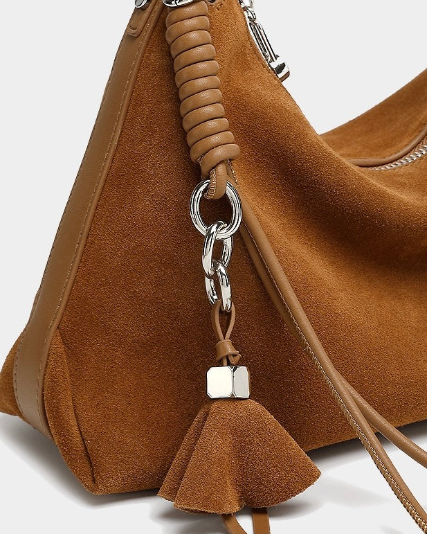 Suede Luxe Hobo Bag with Braided Detail & Tassel Accent